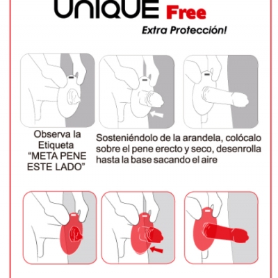 Instruções para usar preservativo UNIQUE Free em espanhol com gráficos ilustrativos.