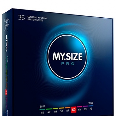 Caixa azul de preservativos MY.SIZE PRO com indicações de tamanhos e 36 unidades