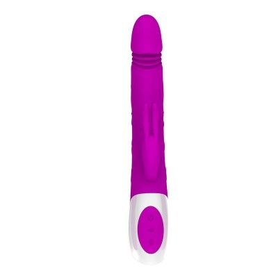 Vibrador roxo com base branca e botões de controlo