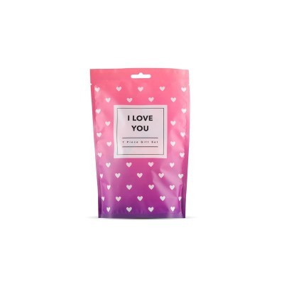 Embalagem rosa roxa com corações brancos e texto I LOVE YOU 7 Piece Gift Set