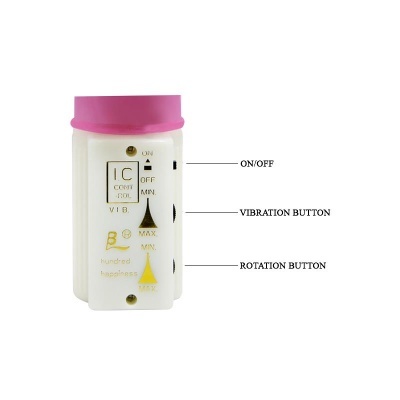 Dispositivo branco com tampa rosa e botões de controlo rotulado