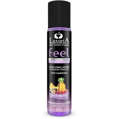 Frasco de lubrificante Luxuria Feel Tutti Frutti 60 ml com rótulo preto e roxo