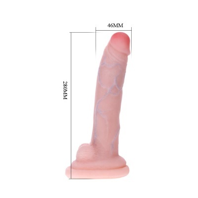 Dildo cor de pele com base larga e dimensões mostradas