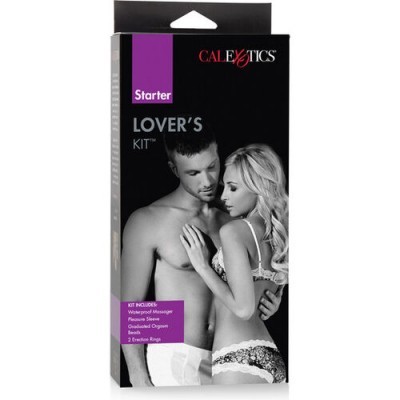 Embalagem preta de kit erótico CalExotics Starter Lover's Kit com imagem de casal e texto informativo