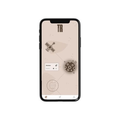 Smartphone preto com tela mostrando aplicação espacial com ícones e texto TR