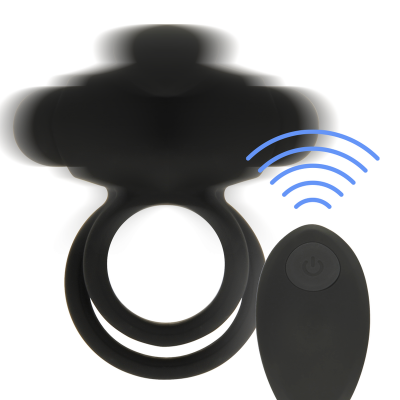 Anel vibratório preto com controle remoto e ícone de sinal wireless