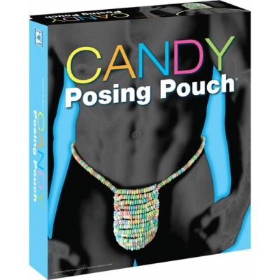 Caixa do produto Candy Posing Pouch com design colorido e imagem de saco frontal feito de doces.