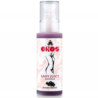 Frasco com líquido roxo e rótulo branco rosa EROS Lady Juicy Massage Blackcurrant