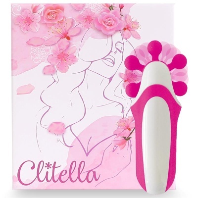 Produto de massagem rosa e branco junto a embalagem floral com texto Clitella