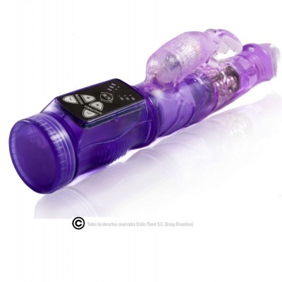 Vibrador roxo translúcido com controlo digital e formato de escorpião