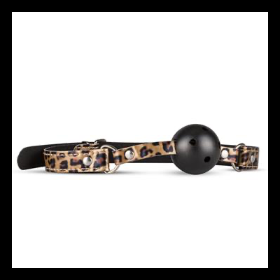 Mordaça com bola preta e correia em padrão leopardo