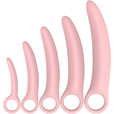 Conjunto de cinco plugues anais de silicone rosa com anel base em fundo branco