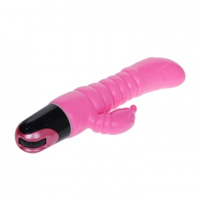Vibrador cor-de-rosa com base preta e textura ondulada.