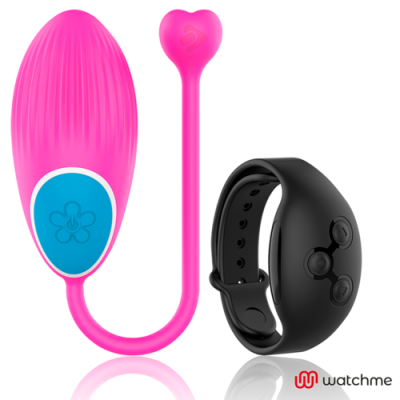 Dispositivo rosa com controlo remoto preto e logótipo 'watchme'