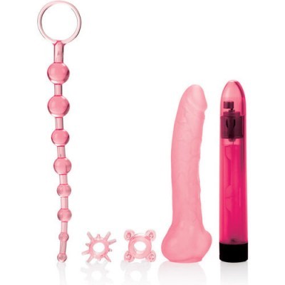 Conjunto de brinquedos sexuais em silicone cor de rosa com várias formas e texturas.