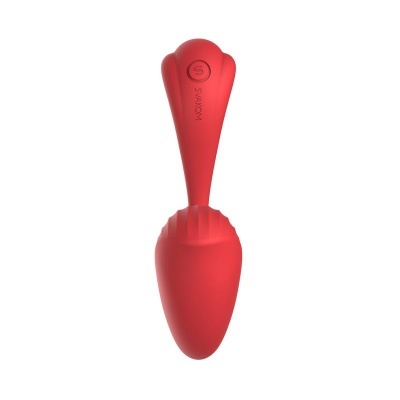 Vibrador vermelho em silicone com botão e texturas distintas.