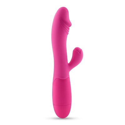 Vibrador cor-de-rosa anatómico em silicone com textura e extensão curva
