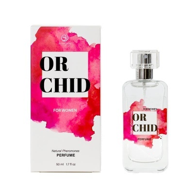 Frasco de perfume transparente e caixa com padrão rosa aquarela e texto OR CHID