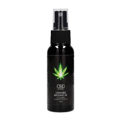 Frasco preto de óleo de massagem de cannabis com tampa spray e rótulo com folha verde