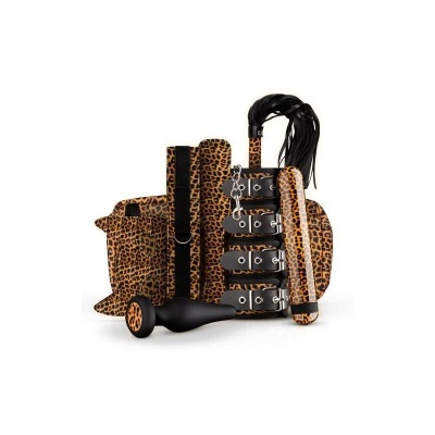 Conjunto BDSM padrão animal print em castanho e preto com acessórios e bolsa