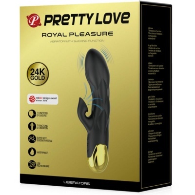 Embalagem dourada do vibrador Pretty Love Royal Pleasure com texto e imagem do produto