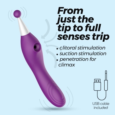 Produto roxo com topo branco e orifício lateral, texto em inglês e cabo USB incluído