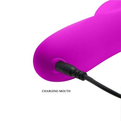 Dispositivo cor-de-rosa com cabo de carregamento preto e etiqueta CHARGING MOUTH.