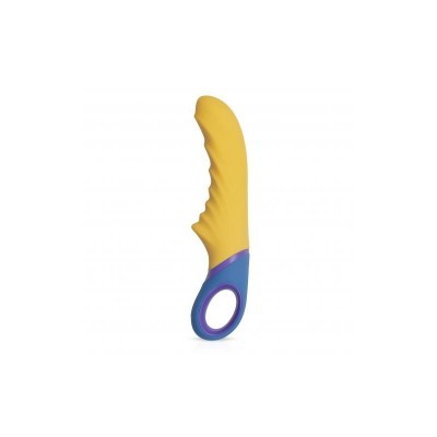 Vibrador amarelo com punho azul e textura ondulada