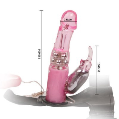 Dildo rosa translúcido com partes móveis e acessório lateral
