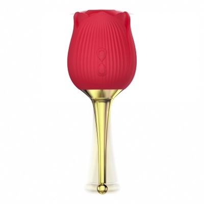 Vibrador em forma de rosa vermelho com cabo dourado