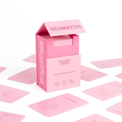 Jogo de cartas rosa SEXMATCH MASSAGE EDITION com cartas ilustradas espalhadas