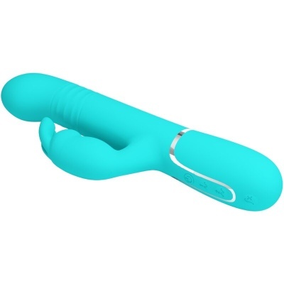 Vibrador turquesa em silicone com design anatómico e botões de controlo