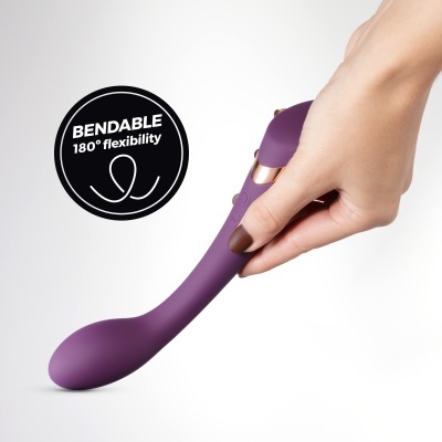 Vibrador roxo flexível segurado por mão, texto BENDABLE 180° flexibility.