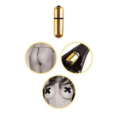 Vibrador portátil dourado com imagens de uso em roupa interior e no corpo