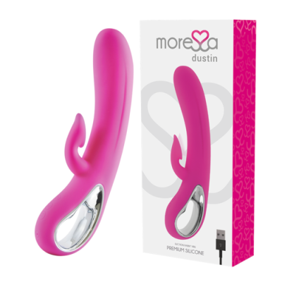 vibrador cor-de-rosa com detalhe cromado e embalagem com texto MOREA dustin