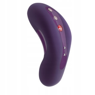 Dispositivo eletrônico roxo com botões prateados e vermelho