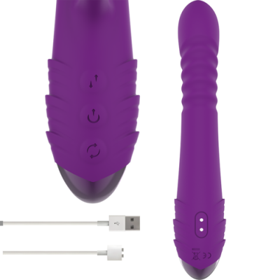 Vibrador roxo com textura ondulada e cabo USB para carregar