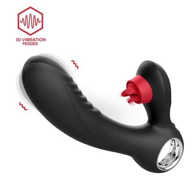 Vibrador preto com 10 modos de vibração e acessório vermelho de silicone