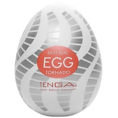 Embalagem de ovo com padrão cinza e branco e texto Easy Beat Egg Tornado Tenga