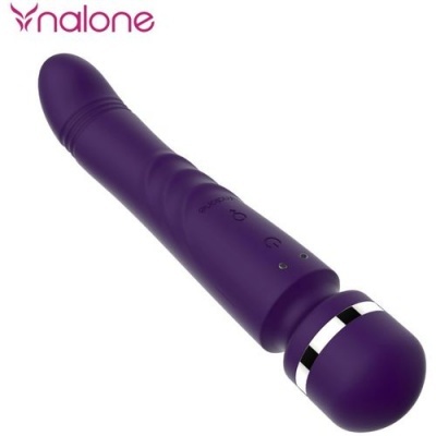Vibrador cilíndrico roxo com extremidade arredondada e botões prateados