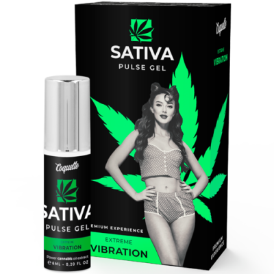 Embalagem e frasco de gel SATIVA PULSE GEL preto e verde com imagem de mulher em roupa interior e folha de cannabis