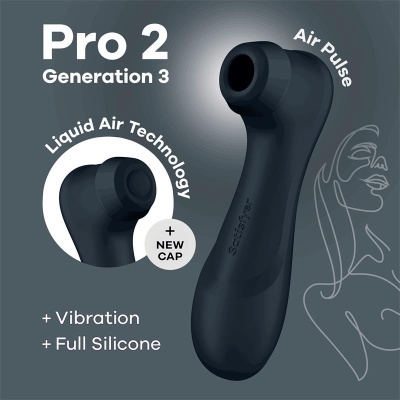 Dispositivo preto Pro 2 Generation 3 com tecnologia Liquid Air, fundo cinzento escuro e desenho de contorno feminino
