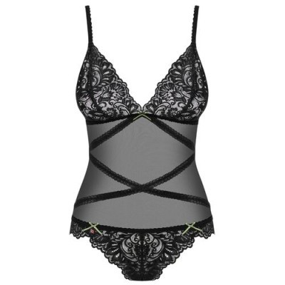 Body feminino preto em renda e tule com padrão floral e detalhes em laço verde