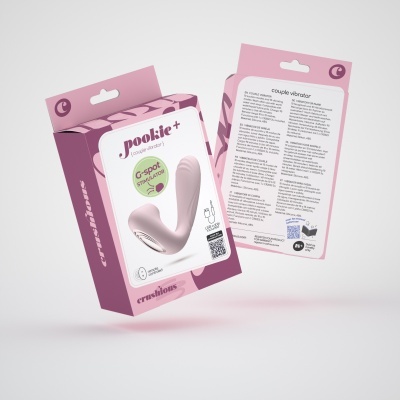 Embalagem rosa claro de vibrador para casal 'pookie+' com destaque para estímulo do ponto G e texto explicativo em inglês