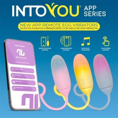 Vibradores em forma de ovos coloridos e smartphone com app ACTIVEJOY da marca INTOYOU