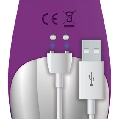 Dispositivo roxo com conexões elétricas e cabo USB branco encaixado