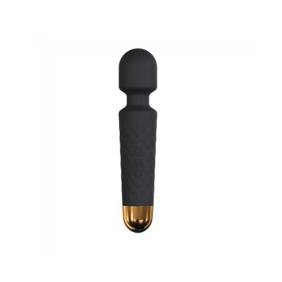 Vibrador de massagem preto com base dourada e cabo texturizado