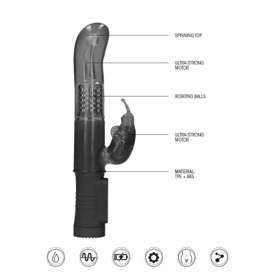 vibrador preto translúcido com texto explicativo das partes e características técnicas