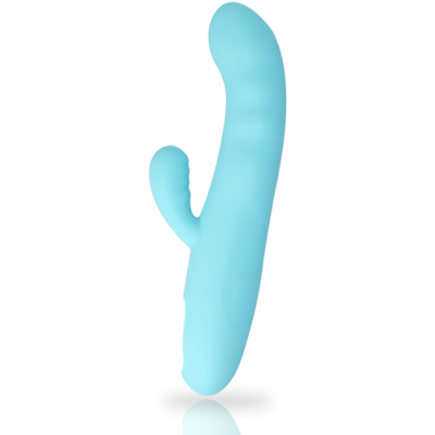 Vibrador azul claro com extensão texturizada em fundo branco