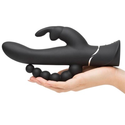 Vibrador preto de silicone com estimulador lateral e base em bolas